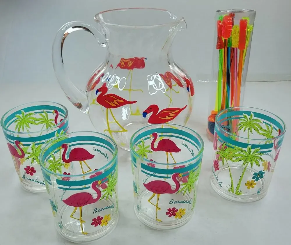 Fun Acrylic Pink Flamingo Pitcher with 4 Cups and 12 Cocktail Stir Sticks Set